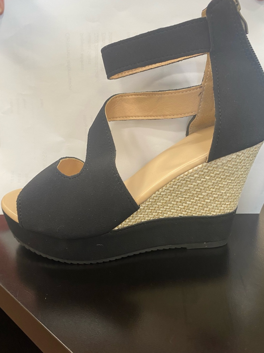 Strappy Black Wedge Sandals with Espadrille Platform